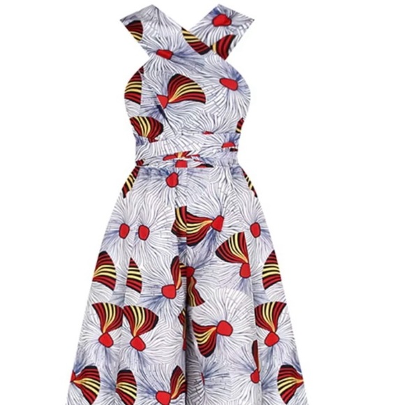 NWT Cellabie Palazzo Red-Fan Print Halter,Jumpsuit Wide-Leg,Belted,Size S - Picture 3 of 12